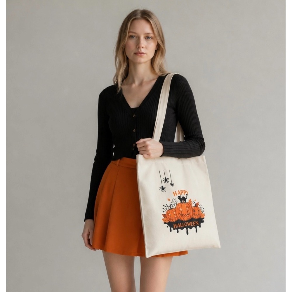NEW Happy Halloween Canvas Tote Bag Cream‎ Pumpkin Cat Spooky Core